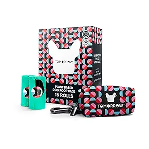 Tomorrow Plant based Dog Poop Bags, USA certified, BPI approved, Unscented, Compostable waste bag, Leak-proof, thick enough, Recycled (RPet) poop bag holder included, 16 rolls, 9 x 12 inches bags. (16 Rolls, Circles)