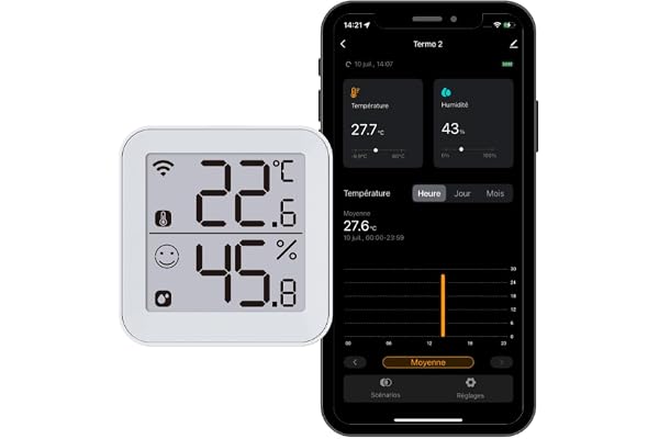Konyks Termo 2, Thermomètre Hygromètre connecté Wi-Fi, Grand écran, Lecture à distance, déclenche d'autres appareils Konyks en fonction des mesures, Compatible Alexa et Google Home