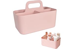 DEARBAG Panier Rangement-Plastique avec Poignées, avec 10 Autocollants, Organisateur Empilable avec 5 Compartiments, Boîte de Rangement Rectangulaire pour Cuisine, Bain et Chambre (24 × 15 × 11 cm, Rose)
