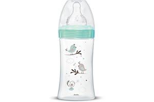 Dodie - Biberon Anti-Colique Initiation+ Verre, Vert Oiseau, 270ml, 0-6 mois, Tétine ronde, Débit 2