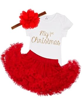 FEESHOW Kleinkind Baby Mädchen Weihnachten Outfits Strampler mit Tutu Rock+ Stirnband Weihnachtskostüm Gr. 3-24...