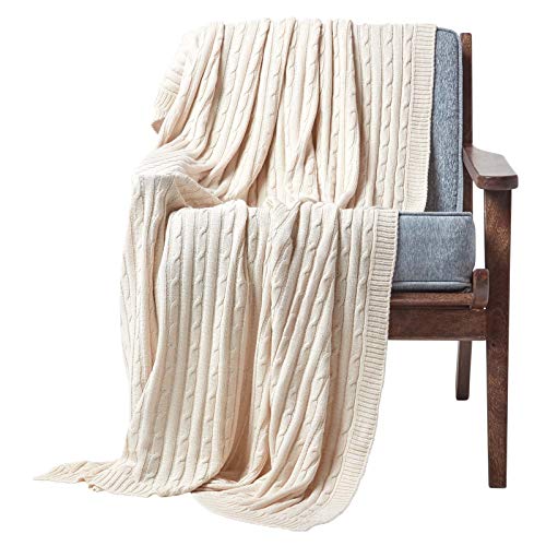 Homescapes - Cable Knit - Throw/Comforter Blanket - Natural - 100% Cotton - 130 x 170 cm - Washable