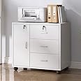 YJGET File Cabinet,Mobile Home Office Lockable Filing Cabinet with Wheels, Rolling Modern Printer Stand with Door and 3 Drawers for A4,Letter,File Folders,White