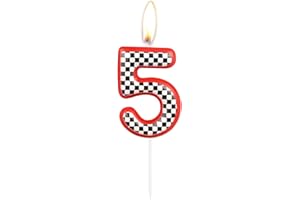 MCISKIN Birthday Cake Number 5 Candle Topper, Red Racing Happy Birthday 5th Cake Toppers, Red Black and White Racing Decorations for Kids Boys Car Theme Birthday Party