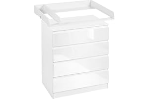 WOLTU Wickelkommode mit abnehmbarer Wickelauflage, Wickeltisch Baby, Wickelregal, Kommode mit 4 Schubladen, Höhe 110 cm, Weiß