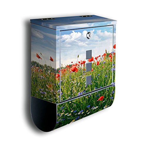 Preisvergleich Produktbild wandmotiv24 Briefkasten mit Zeitungsrolle Blumenwiese BK493, Edelstahl Design Briefbox, Mailbox, Designbriefkasten, Postbox