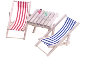 IOURVYA 2 pièce Mini Chaise Longue décorative en Bois | Chaise Longue de poupée | Support de téléphone Portable | Mini Chaise Longue+ Table + 2 Boissons, Assise en Tissu Bleu et Blanc, env. 11 x 5 cm