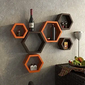 Clover Crafts Hexagonal Shape Engineered Wood Floating Wall Mounted Shelf for Living Room | Bed Room | Kitchen | Home Decoration Set of 6 (Orange & Brown)