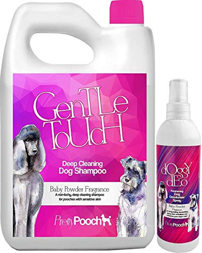 Pretty Pooch® 5L Gentle Touch Dog Shampoo & 250ml Deodorising Spray (Baby Powder Fragrance) - A Non-itchy, Professional Deep Cleaning Shampoo for Dogs with Sensitive Skin!