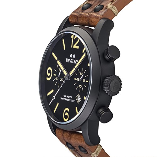 TW Steel Maverick Unisex Quartz Watch with Black Dial Chronograph Display and Brown Leather Strap MS33