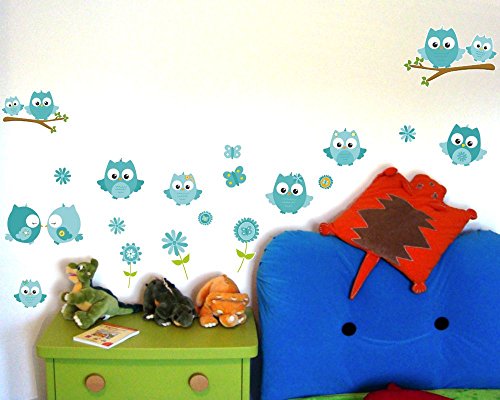 19-teiliges Türkise Baby Eulen auf Ast Wandtattoo Set Kinderzimmer Babyzimmer in 5 Größen (2x41x66cm mehrfarbig) - 3