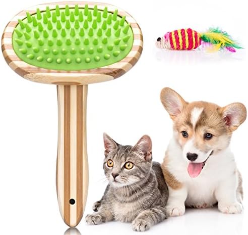 Zream Pet Brush Bamboo Silicone Bath Brush Washing Cleaning Massage Shampoo Grooming Comb for Dog Cat Puppy, Free Toy Mouse