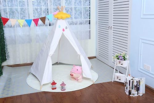 Jopee Kids Teepee Tent Indoor Outdoor Children Indian Play Tent 5 Wooden Poles Canvas Tipi (White)