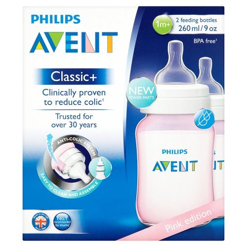 Philips Avent Classic+ 1m+ Pink Feeding Bottle SCF564/27 (260ml/9oz), 2 Feeding Bottles