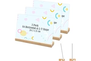 Coriver 3 Pièces Présentoirs de Table A4, A4 Horizontaux Acrylique Double Face Porte Menu, Forme L/T Support Affiche Plaque avec Pied en Bois, Support de Table pour Exposition Café Bureau-297 x 210 mm