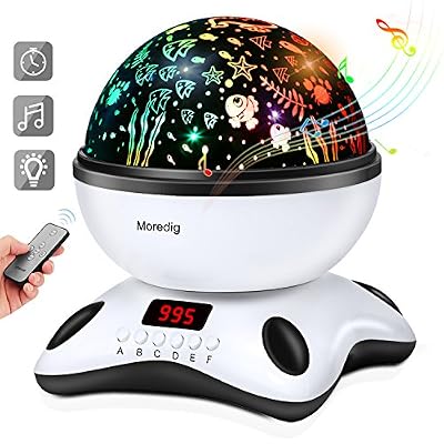 Moredig - Enfants musique lampe projecteur etoile, lampe led veilleuse, 360° rotation avec minuterie led affichage, Il y a sept clés, pour les bébés, les enfants, cadeau d'anniversaire, Noël, etc - Noir et blanc