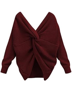 BONESUN Damen Sexy V-Ausschnitt Lange Ärmel Geknotet Sweater Casual Stricken Rückenfrei Pullover
