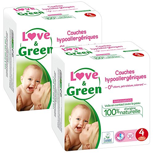 Love & Green - Couches Bébé Hypoallergéniques 0% - Taille 4 (7-14kg) - Lot de 2 x 30 couches (60 couches)