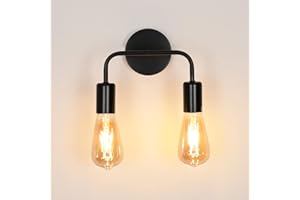 COMELY Lampada da Parete Vintage, 2 Luci Nero E27 Applique da Parete Interno in Metall, Lampada a Muro Retrò per Soggiorno, Cucina, Sala da Pranzo e Camera da Letto (Lampadina non inclusa)