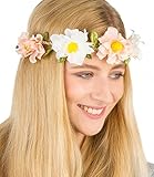 SIX "Blumen" elastisches Haarband Haarschmuck Haarreif Blumenkranz mit geflochtenem Band rosa und weiße Blumen mit grünen Blättern, Festival (456-236)