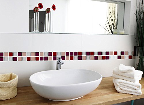 7er Set 25,3 x 3,7 cm Grandora Mosaik Fliesenaufkleber 3D-Effekt große Auswahl W5288 Wandaufkleber Küche Bad Fliesendekor Folie selbstklebend rot beige silber Design 2 - 2