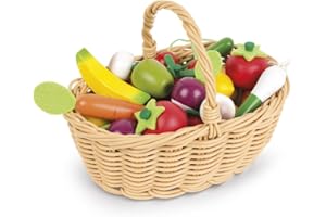 Janod - 24-teiliges Obst- und Gemüse Sortiment im Korb - Einkaufskorb für Kinder - Spielset für Küche oder Kaufmannsladen - Ideal für Rollenspiele - Ab 3 Jahren, J05620