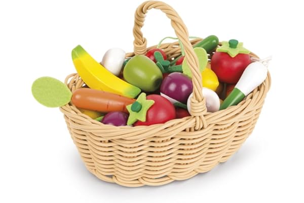 Janod - Panier de 24 Fruits et Légumes - Jouet d’Imitation Panier de Courses - Idéal pour Jouer à la Marchande - Dès 3 Ans, J05620 – Multicolore