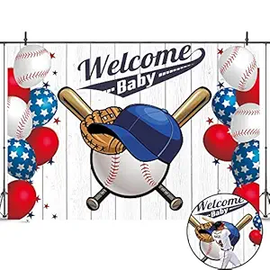 Riyidecor Baseball Welcome Baby Shower Backdrop 7X5 Feet Balloon Blue White Sports Boys Kids Newborn Party Photography Background Decorations Banner Props Photo Shoot Fabric Cloth