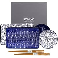 TOKYO design studio, Le Bleu De Nimes, Sushi Set, 6 Piezas. 2 Placas de Sushi, 2 Sauce Cuencos de Madera, 2 Pares Palillos Chinos. Sushi Plato Porcelana Set.