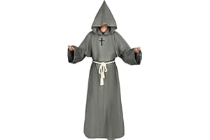 BuntWunder Disfraz de Monje Halloween, Túnica de Monje con Capucha, Medieval de Halloween Bata Sacerdote con Collar de Cruz, Pegatina Cicatriz Disfraz Medieval Sacerdote