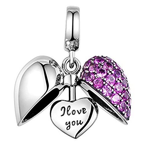 LSDesigns I Love You Corazon Charm de S925 Plata de Ley para Brazalete Mujer Pandora en una Caja de Regalo - Cristales Purpura