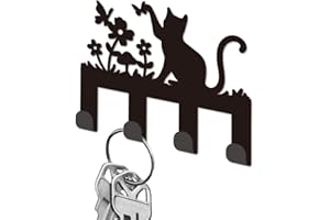 DELORIGIN Key Holder for Wall, Mini Black Iron Key Hooks Wall Mounted Cat Flowers Key Rack with 4 Hooks, Small Key Hangers House Key Holder for Keys Bag Dog Leash Storage Wall Decorative Entryway
