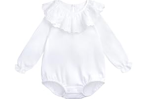 CAMILIFE Bebé Niña Niño 100% Algodón Blanco Camisetas de Manga Larga con Volantes en Cuello Cierre de Botón Suave Lindo - Liso Blanco Talla 03/06/09/12/18/24M