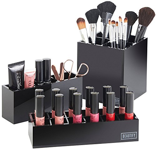 Beautify 3pc Acrylic Cosmetic Organiser Stand Set for Makeup, Accessories & Toiletries - Black