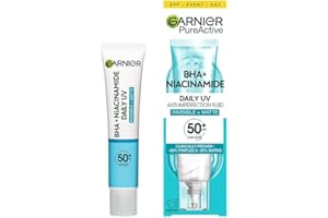 Garnier Sunscreen, With SPF50, Anti Imperfection Fluid, Prevents & Corrects Sun Damage, Invisible and Matte Finsih, Pure Active BHA + Niacinamide Daily UV, 40ml