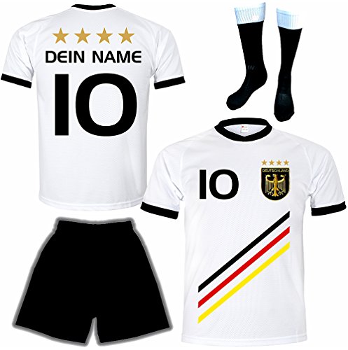 Deutschland Trikot + Hose + Stutzen mit GRATIS Wunschname + Nummer + Wappen Typ #D 2018 im EM / WM weiss – Geschenke für Kinder,Jungen,Baby,.. Fußball T-Shirt personalisiert als Weihnachtsgeschenk