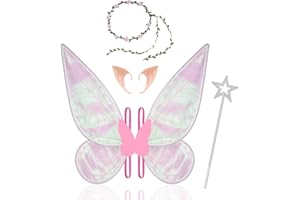 Aomig Disfraz de Hada con Alas de Mariposa, Rejas de Elfo, Corona y Flores - Brillantes para Fiestas, Cumpleaños, Navidad y Halloween, Cosplay (Rosa)