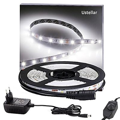 Ustellar Dimmable Kit Ruban LED, Avec Variateur et Alimentation 12V, SMD 2835 300 LEDs 5M, Blanc Froid 6000K Lumière, Bande Lumineux Flexible, Eclairage Décoration Intérieur Chambre Cuisine TV Bar