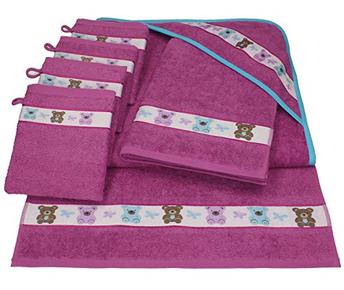 Betz 7 tlg Handtuch Set Kinder Baby 1 Kapuzen Kinderbadetuch 2 Kinderhandtücher 4 Waschhandschuhe Baby Kapuzenhandtuch Kapuzenbadetuch Kapuzentuch 100% Baumwolle TEDDY Farbe pink violett