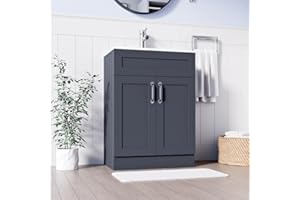 BELOFAY Vanity Unit With Basin | 600mm Floor Standing Bathroom Vanity Units With Basin | 1 Tap Hole Ceramic Bathroom Sink | Lacquered Finish | Waste Included (Crawley Grey)
