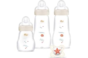 MAM Coffret Biberons Verre (3 biberons verre + 1 sucette) – Biberon MAM en verre résistant à la chaleur – Biberon verre pour nourrisson dès la naissance et sucette naissance en silicone