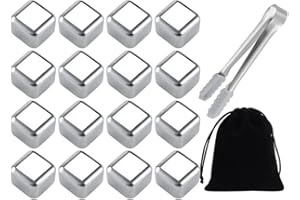 Kellegour 16 Pcs Glaçon en Acier Inoxydable,Set de Glaçons en Acier Inoxydable,Glaçon Reutilisable,Sans Dilution,Pierres de Whisky,Compris Pince+Sac en Tissu Noir,pour Cocktails,Amateurs de Whisky