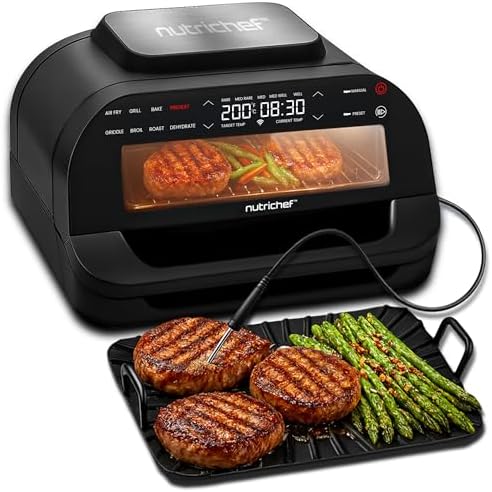 NutriChef Forno e Friggitrice ad Aria 6 Litri da Interno Senza Fumo, Grill Intelligente 7 Funzioni di Cottura, Air Fryer con Termometro e Piastre Antiaderenti Removibili