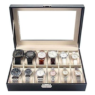 MelodySusie® Présentoir/Boîte/Coffret à Montre Noir Coffret de Rangement pour Montres avec Serrure (12 Emplacements, Noir)