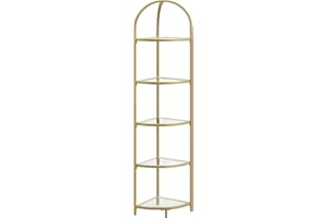 VASAGLE Libreria Angolare a 5 Livelli, Scaffale Porta Piante, Scaffale Dorato per Bagno, in Vetro Temperato, Struttura in Acciaio, Stile Moderno, per Soggiorno, Cucina, Oro Metallizzato LGT810A01