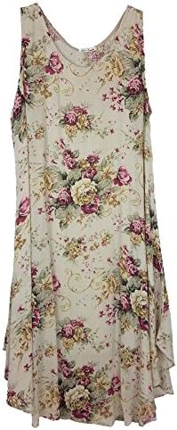 Wolfairy Womens Plus Size Dress Tunic Italian Lagenlook Summer Floral Linen Vintage Asymmetric Beige 30