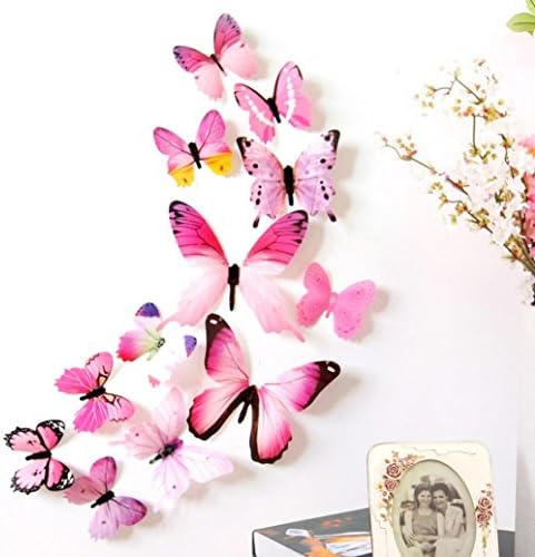 Indexp 12pcs DIY 3D Butterfly Decals Personalised Colorful Curtain Clothing Buckle Home Decorations Stickers With Pin (Pink 2)