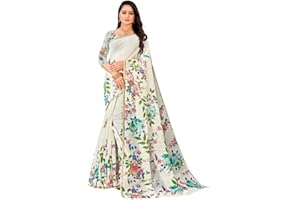 C J Enterprise Banarasi für Damen, reine Leinen-Baumwolle, weiche Seide, Sarees mit Bluse, für Hochzeit (Jeneliya) (weiß)