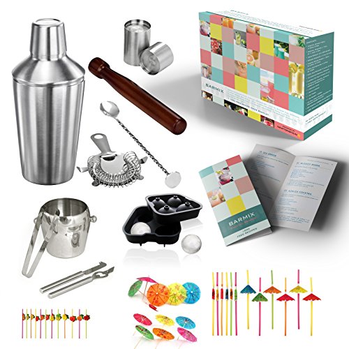 Barmix - 56-teiliges Cocktailmixerset, 750ml Shakerbecher, Sieb, gedrehter Löffel für die Mixing Bar, 25ml + 50ml Messbecher, ein Rüttler, Sieb, Rührlöffel, Messer, Eiskübel und Zangen, 24 hawaiianische Strohhalme 3D, runde Eiswürfelform + KOSTENLOSES Ideenbroschüre mit 150 göttlichen Rezeptideen.