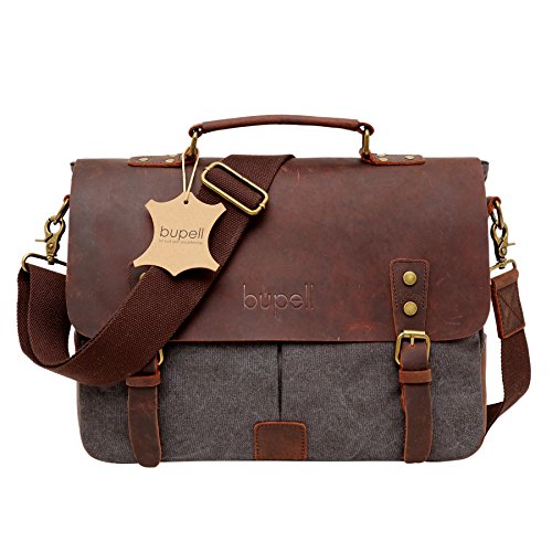 bupell Umhängetasche für Laptop und Akten aus echtem Büffel-Leder und Canvas - Für Notebooks bis 14" - Unisex Vintage Messenger Bag, Aktentasche, Schultertasche, Notebooktasche -